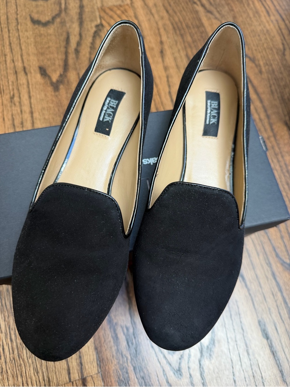 Black Saks Fifth Ave Kid Suede/Patent Leather Women's Slip-On Loafers Size 7.5m